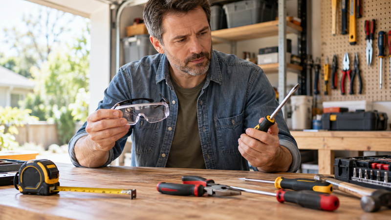 Homeowner comparing starter tools and safety gear