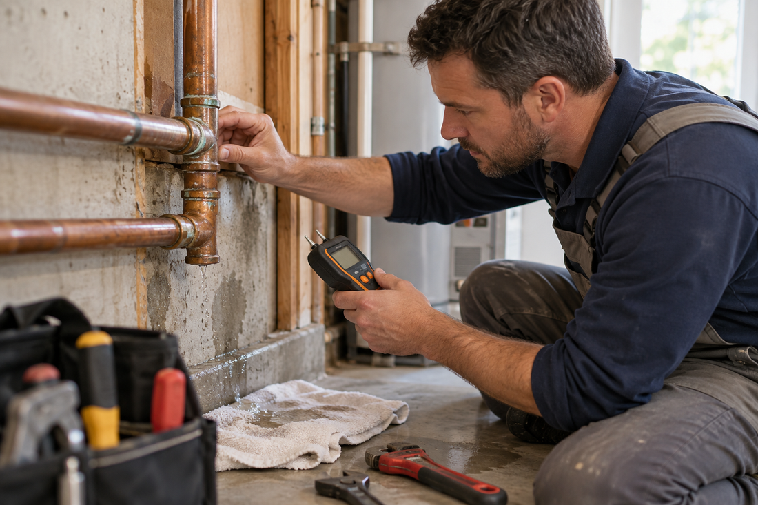 Plumber checking a residential pipe leak