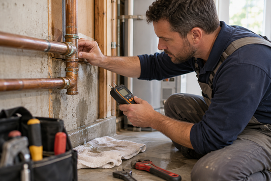 Plumber checking a residential pipe leak