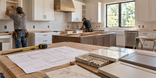 Kitchen renovation with cabinet installation and budget planning materials
