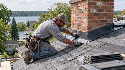 Roofer checking shingles and chimney flashing