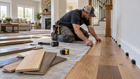 Flooring installer fitting wood planks over subfloor