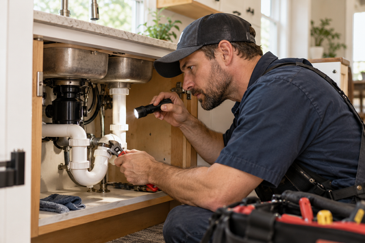 Plumber inspecting pipe connections beneath a sink
