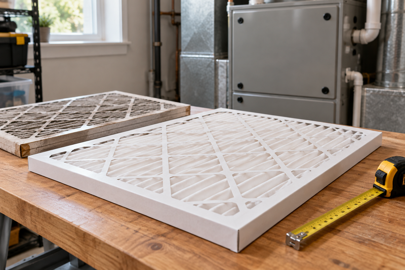 Illustration of clean and dusty pleated HVAC filters beside a tape measure in a utility room