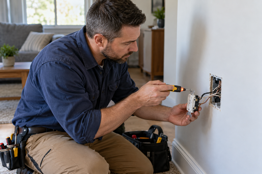 Electrician inspecting a wall outlet safely