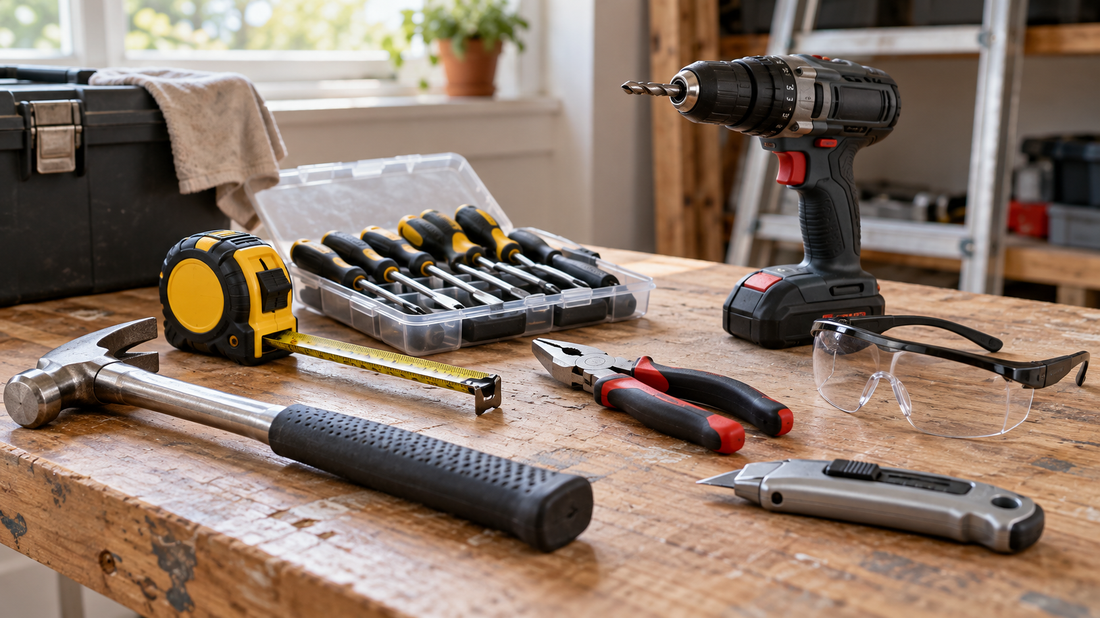 Essential hand tools and safety glasses on a workbench