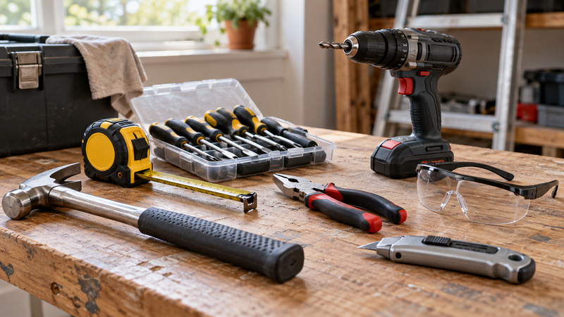 Essential hand tools and safety glasses on a workbench