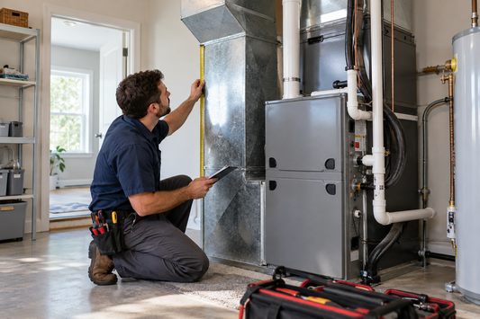HVAC technician measuring residential ductwork