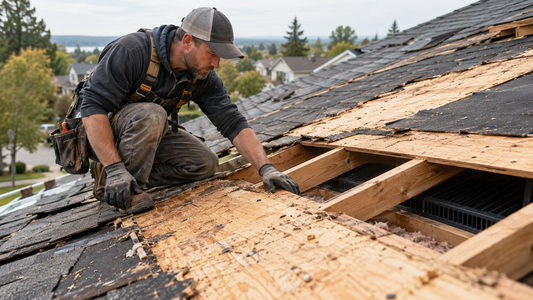 Roofer inspecting roof decking and ventilation