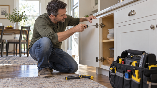 Homeowner inspecting a cabinet repair