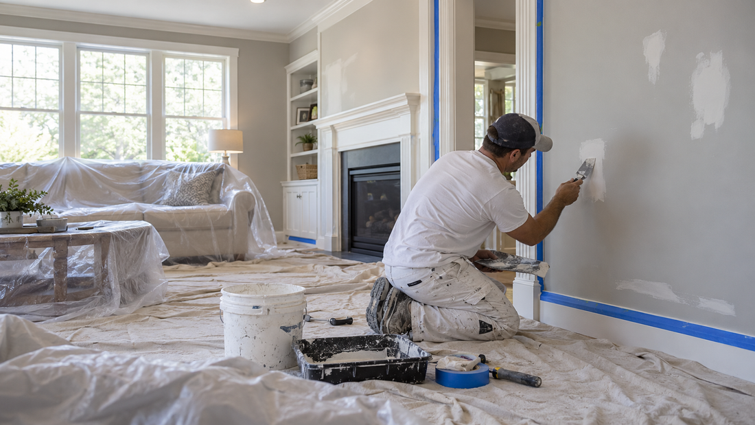 Painter preparing walls and trim for painting