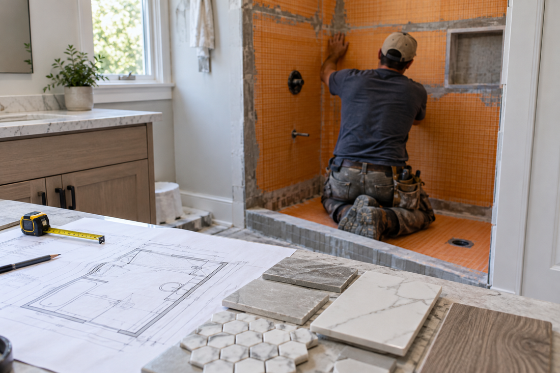 Bathroom shower waterproofing and tile layout in progress