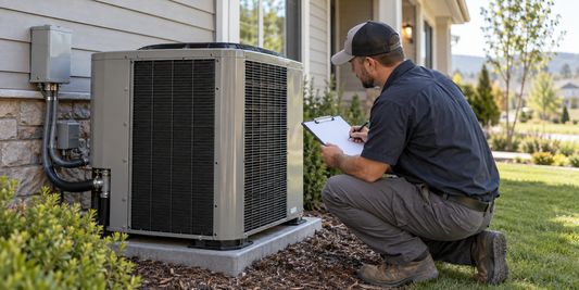 HVAC technician examining a replacement heat pump