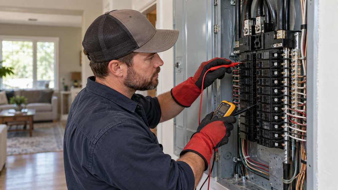 Electrician testing a home breaker panel