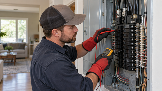 Electrician testing a home breaker panel