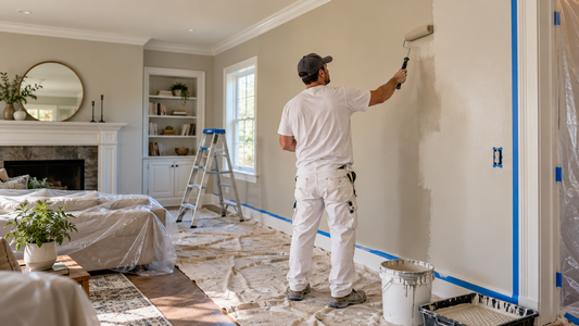 Painter preparing and painting an interior wall