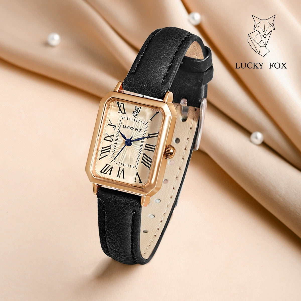 Ladies Quartz Watch with black leather strap